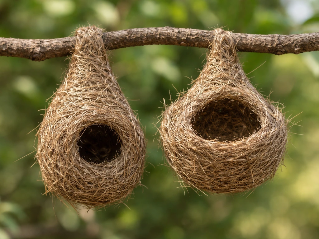 Two bird nests side-by-side: one bottle-shaped woven pouch and one flatter pendant pouch.