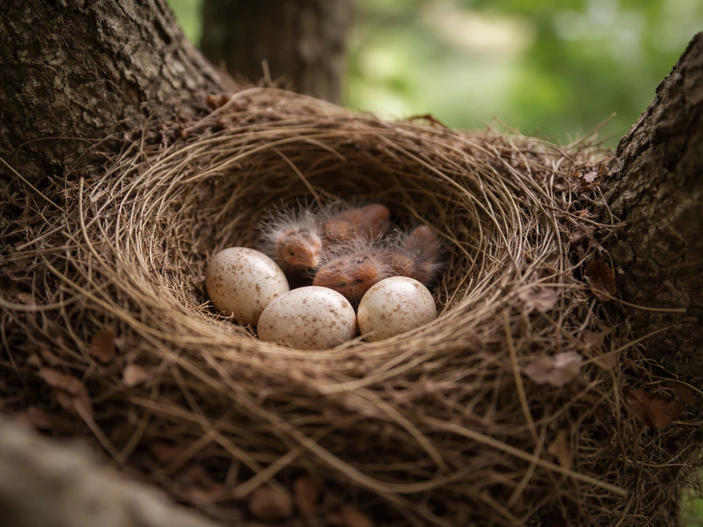 Close-up of an active bird nest with eggs in a natural outdoor setting, suggesting why moving may fail.