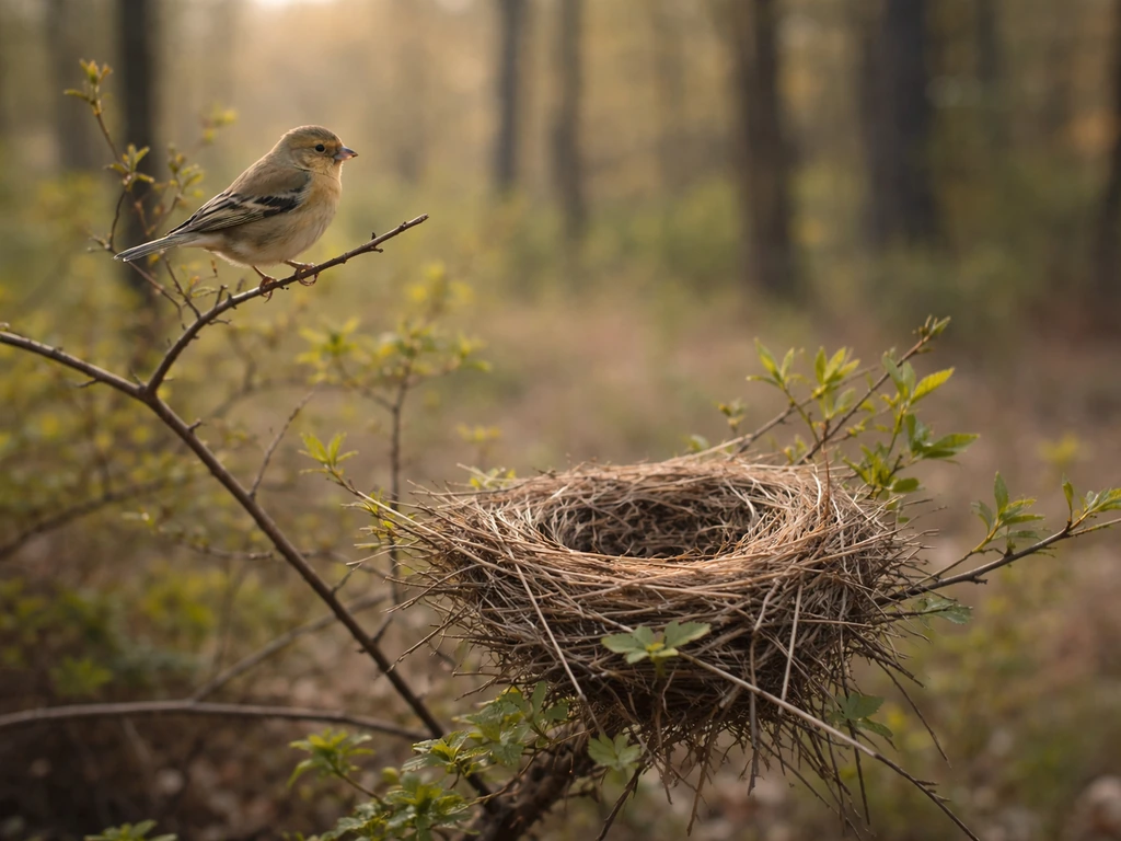 A small bird perched on a bare branch near a simple nest site, suggesting it returns to the same breeding area.
