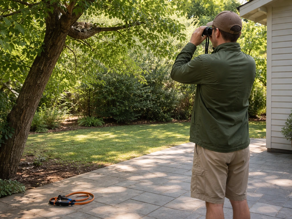 Homeowner observing a bird nest from a safe distance with binoculars, keeping people and pets back.