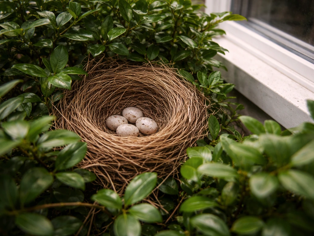 Close-up of an open cup bird nest in a shrub with small eggs visible.