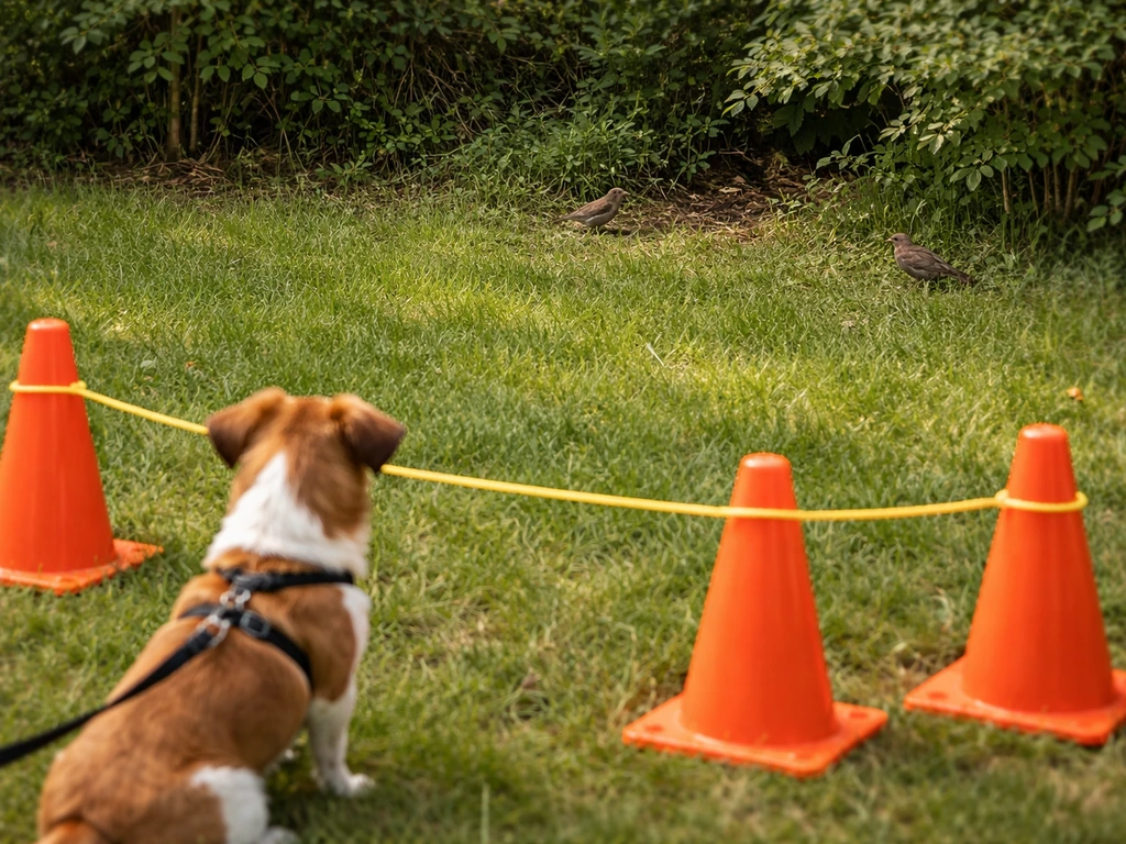 Leashed dog behind safety cones while small birds approach a partly hidden nest site in a backyard.