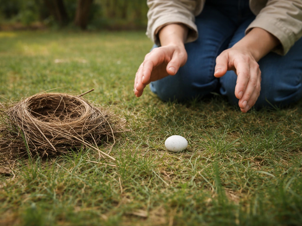 Person kneeling to observe a single uncracked bird egg on the ground near an overturned nest