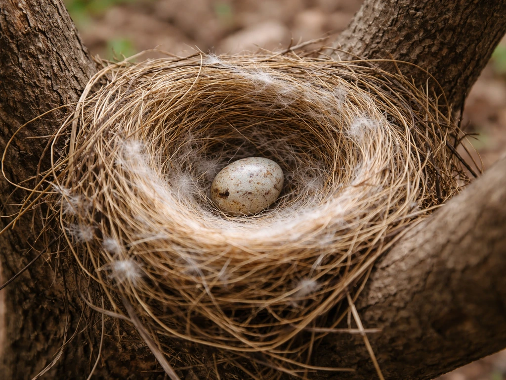 Close-up of a small bird nest with fresh fibers and an egg in the cup, no touching.