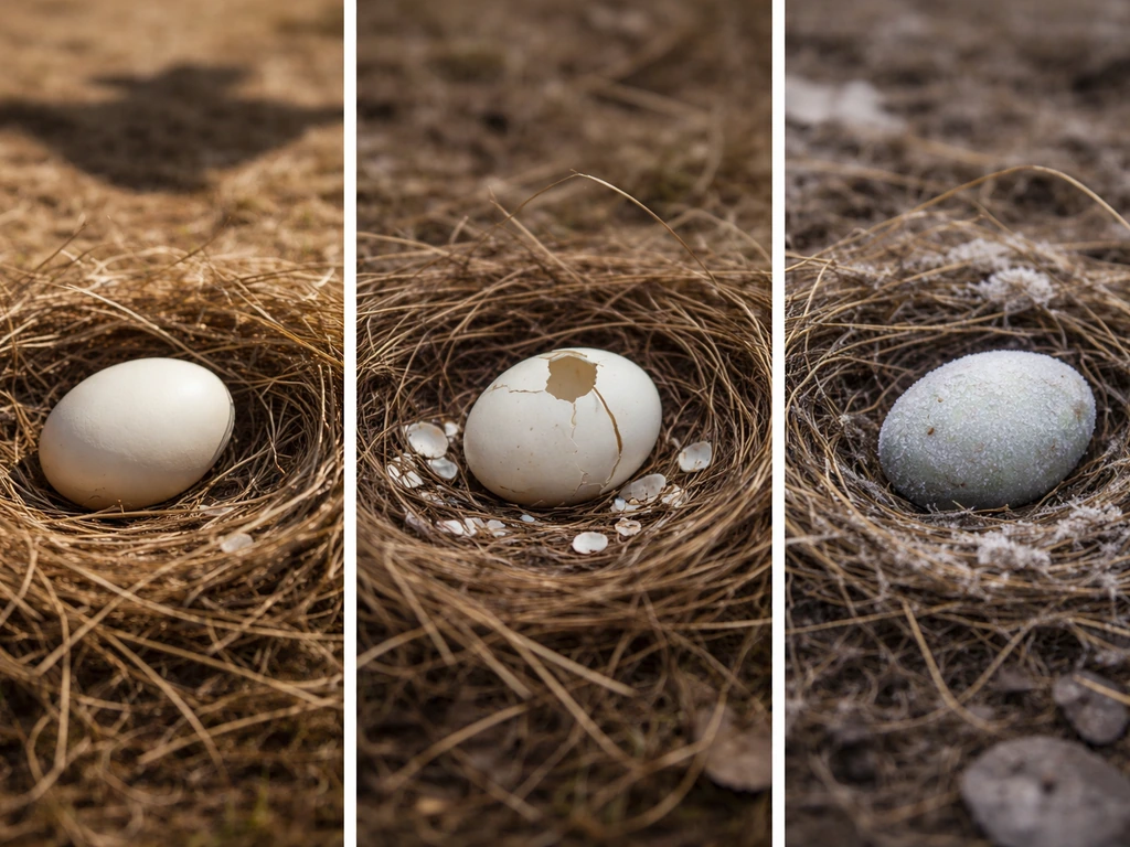 Three simple scenarios showing an egg in a nest: uncracked, cracked, and very cold/abandoned.
