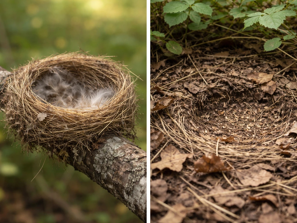 A cup nest on a tree branch beside a leaf-and-twig ground nest in low plants.