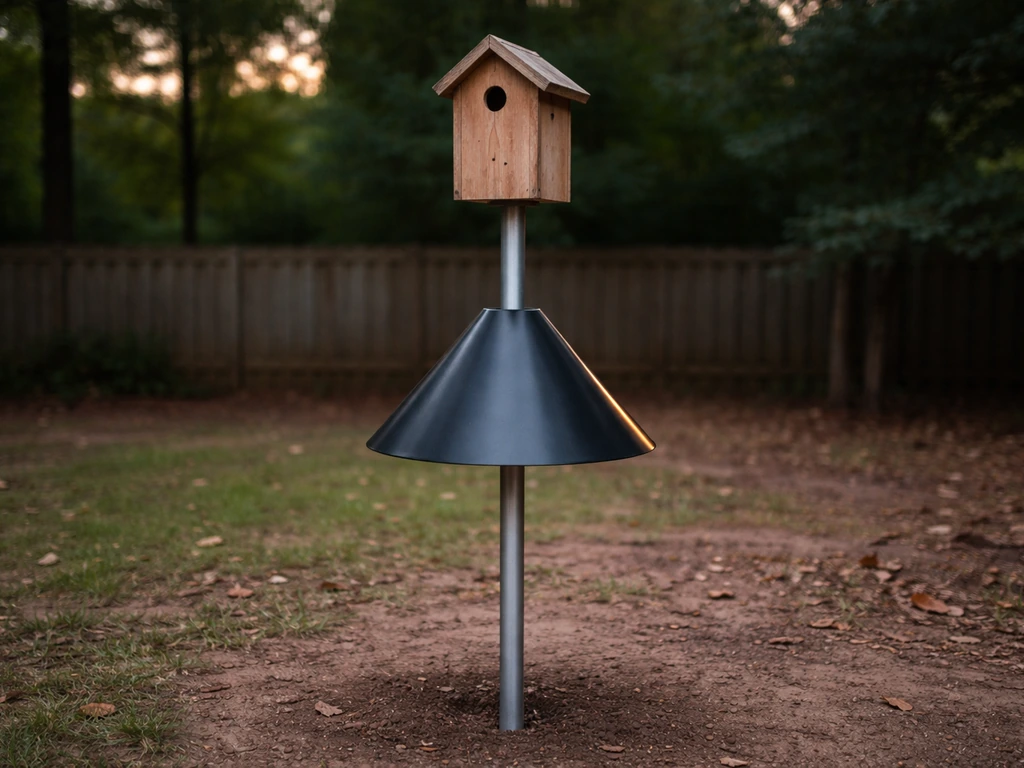 Close view of a nest box on a pole with a cone predator baffle underneath to deter raccoons and squirrels.