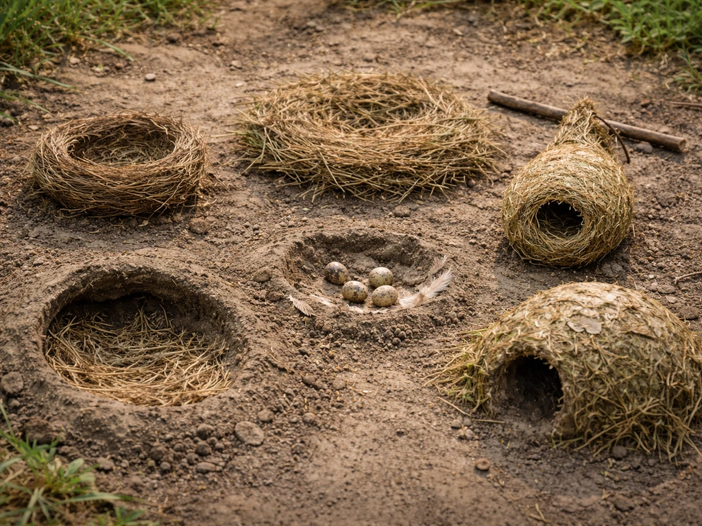 Six small bird nest types—cup, platform, pendant, cavity, scrape, and domed—arranged on bare ground.