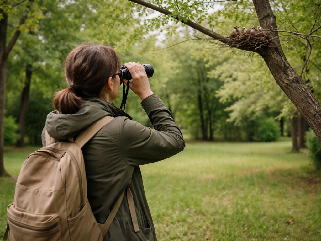 Person using binoculars from a safe distance while a bird nest is visible in the trees.