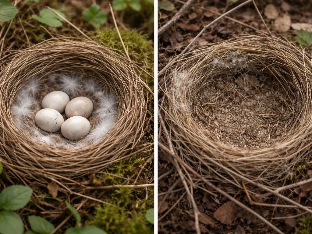 Two simple nest photos side by side: one with eggs/down, one empty and dusty interior.