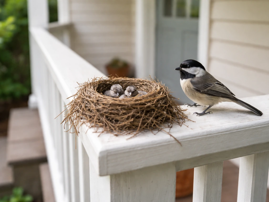 Active bird nest on a house porch railing with a small bird nearby, showing the nest clearly.