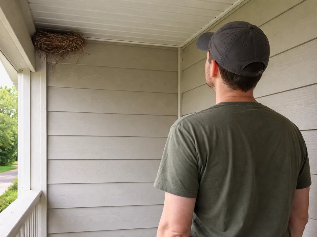 Anonymous person on a porch watching a bird nest under an eave from several feet away.
