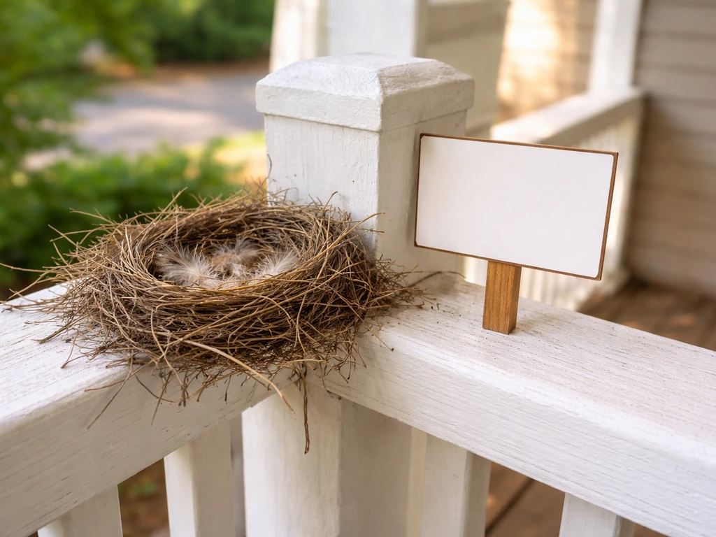 Wild bird nest on a porch railing beside a small placard about protected wildlife rules