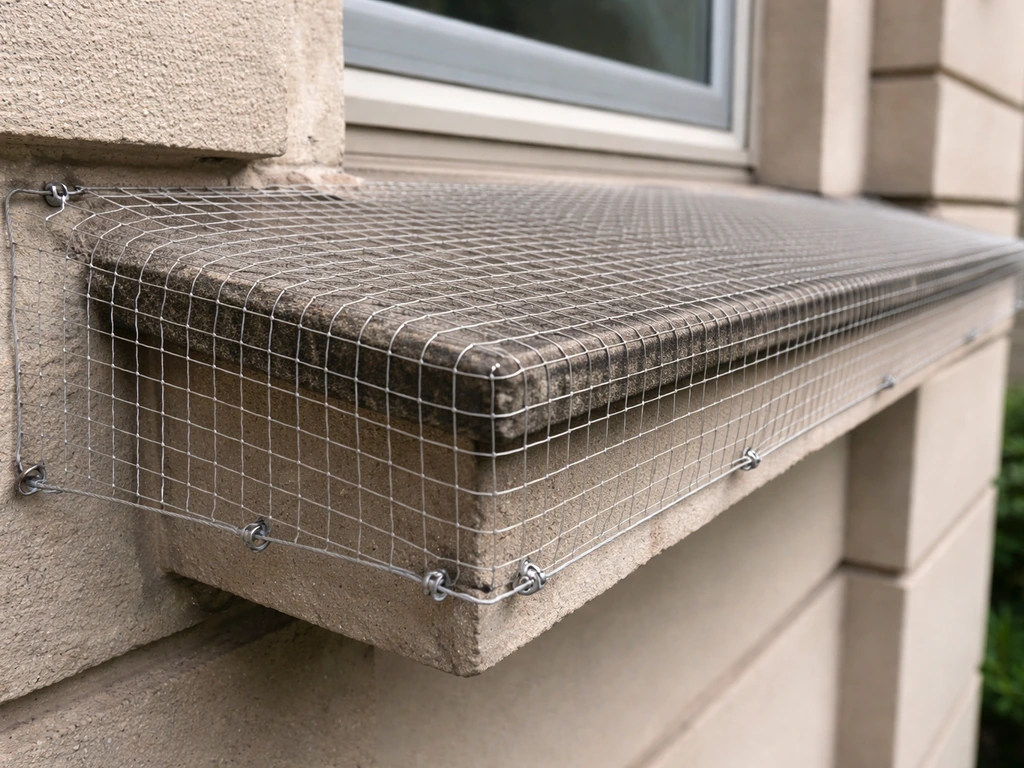Bird-friendly netting secured over a ledge, showing an exclusion setup before eggs are laid.
