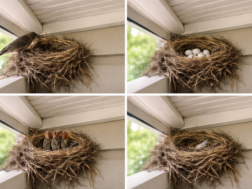 Minimal sequence of a porch bird nest with materials, eggs, chicks, and empty nest after leaving.