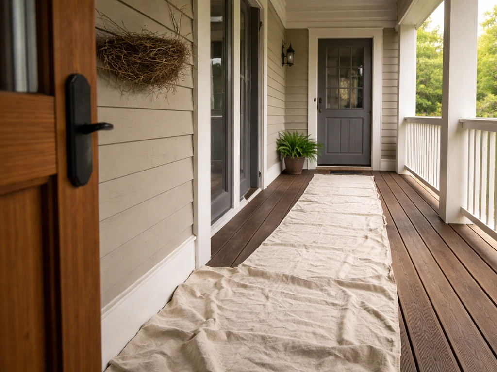 Porch near a door with a bird nest nearby, plus a visible alternate entrance route and drop cloth barrier laid out.