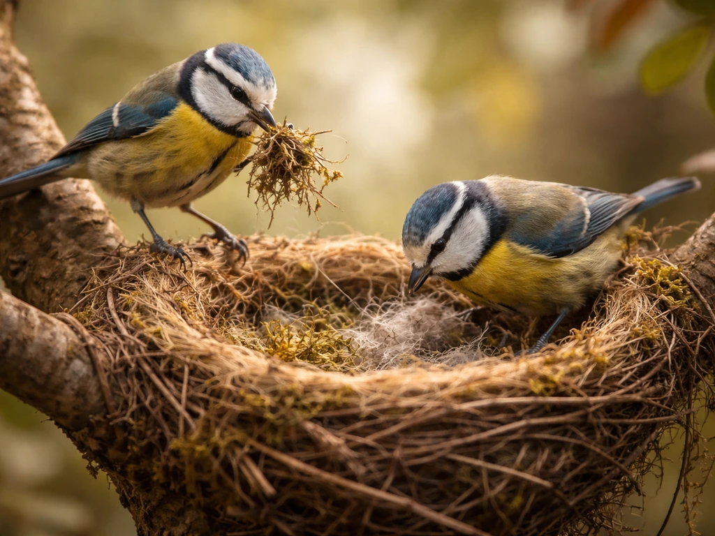 Two small birds add nest material and shape the lining in a natural branch nest site.