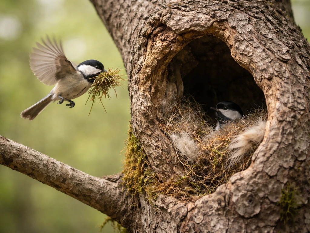 Close-up view of a bird delivering nesting twigs and grass toward a nest in soft natural light.