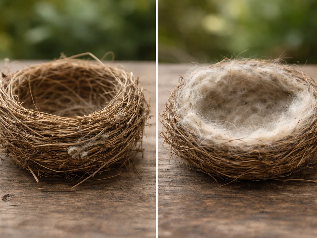 Split-view photo of a small bird nest cross-section showing rough outer shell and soft inner lining.