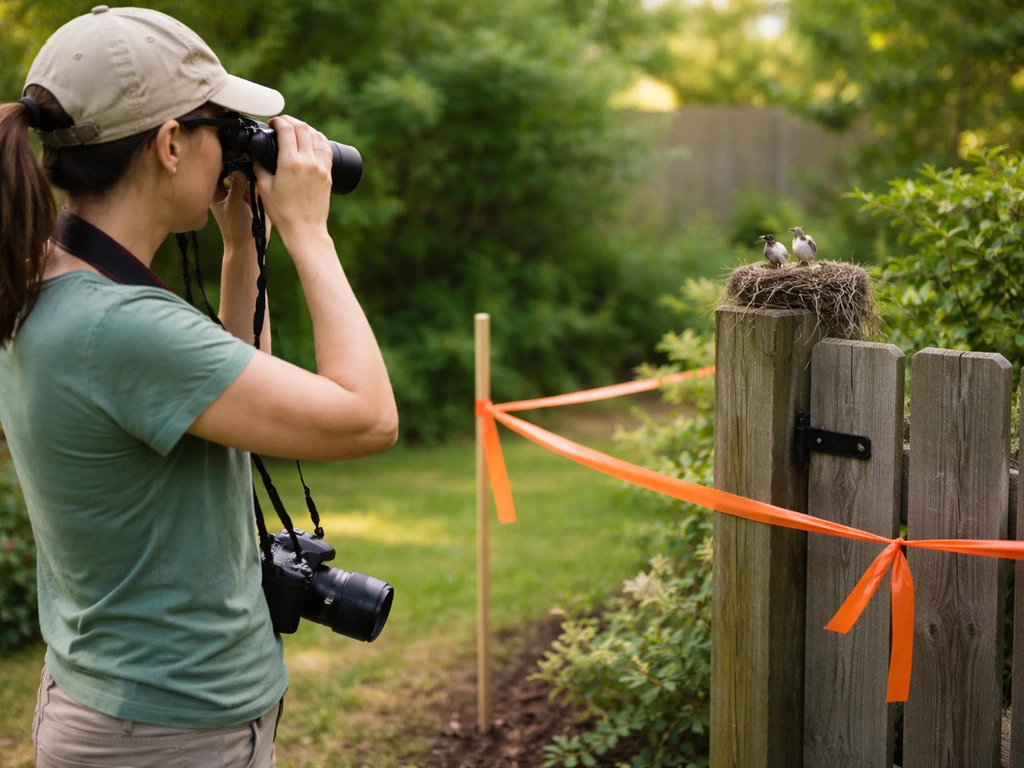 Adult calmly using binoculars from a marked safe distance near a visible bird nest.