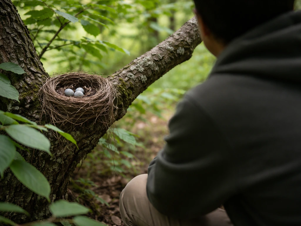 Person observes a bird nest from a respectful distance with eggs visible, undisturbed.