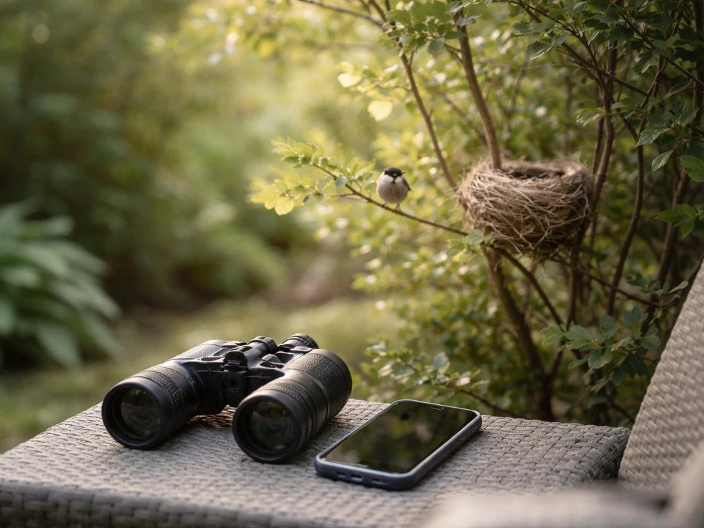 Binoculars and smartphone beside an active-looking bird nest with a bird perched nearby, natural backyard scene.