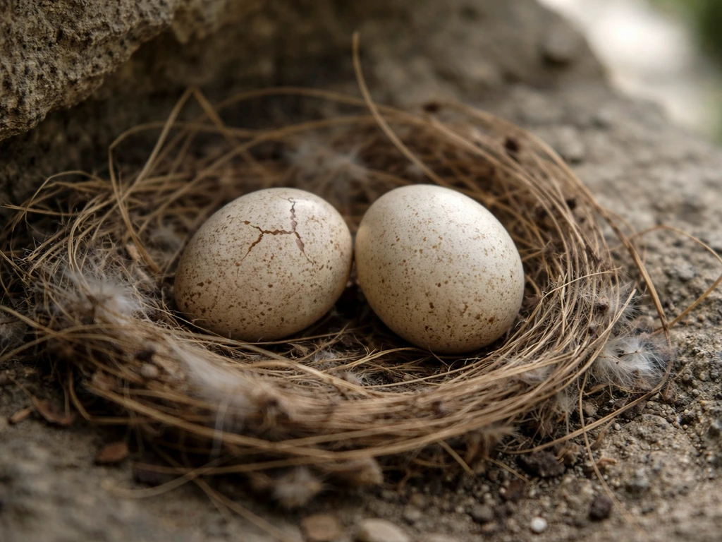 Close-up of abandoned bird eggs in a nest, one slightly cracked, in soft natural light.