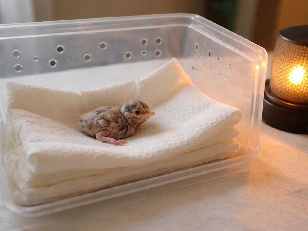 A small ventilated box lined with paper towels holding a nestling near a gentle heat source