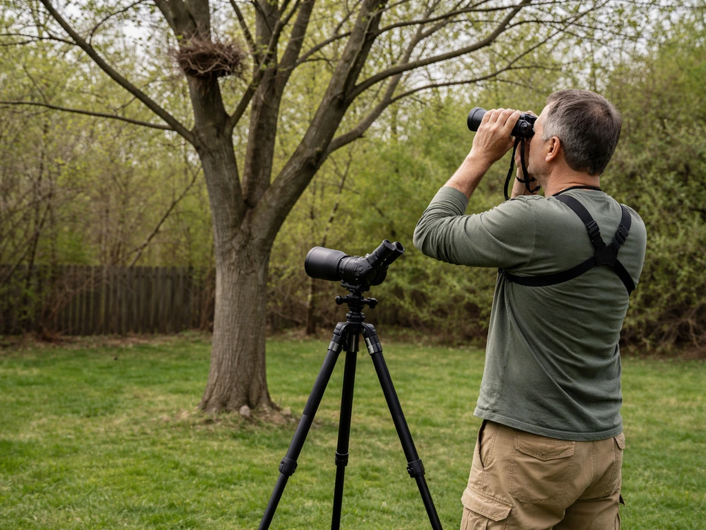 Householder using binoculars to observe a bird nest on a tree from a safe distance in a backyard.