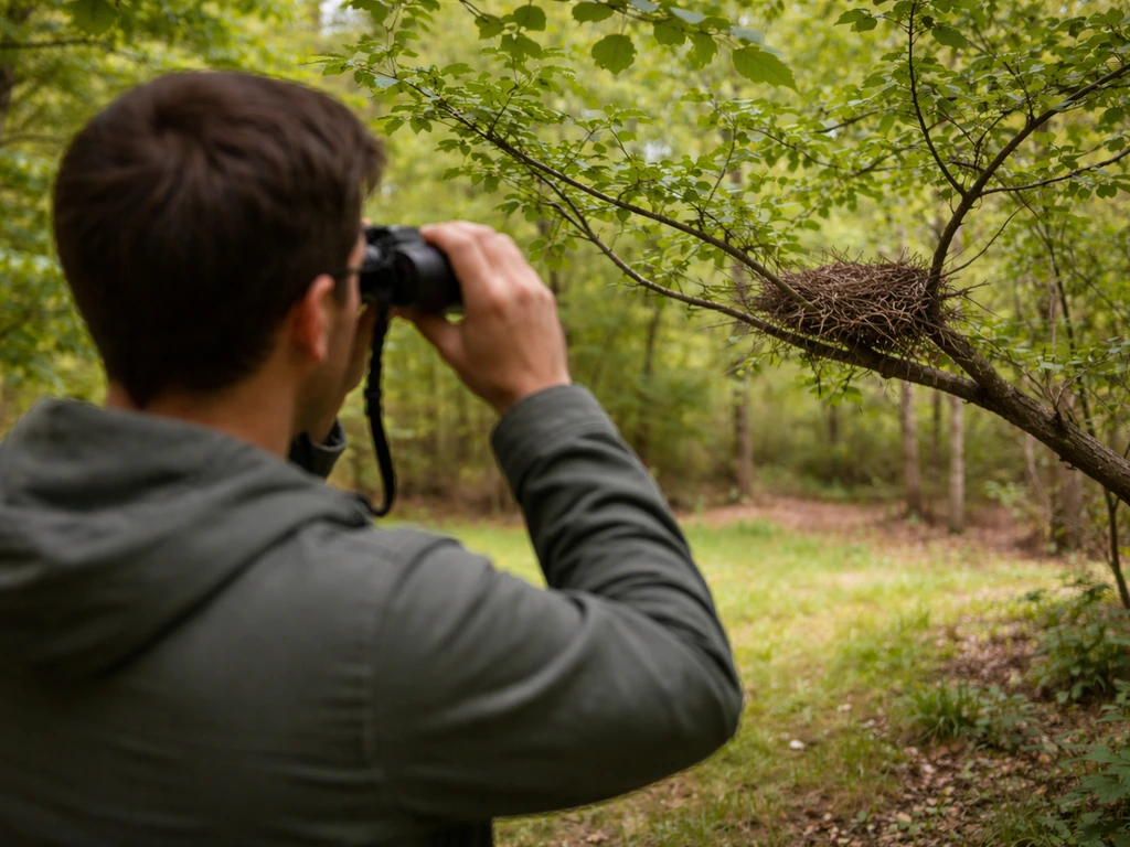Person observing a bird nest from 10–15 feet away with binoculars in quiet daylight woods.
