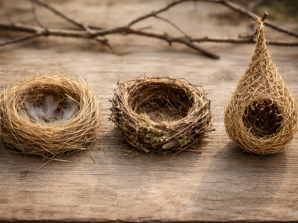 Three anonymous bird nests side-by-side showing open cup, enclosed, and woven pendant shapes.