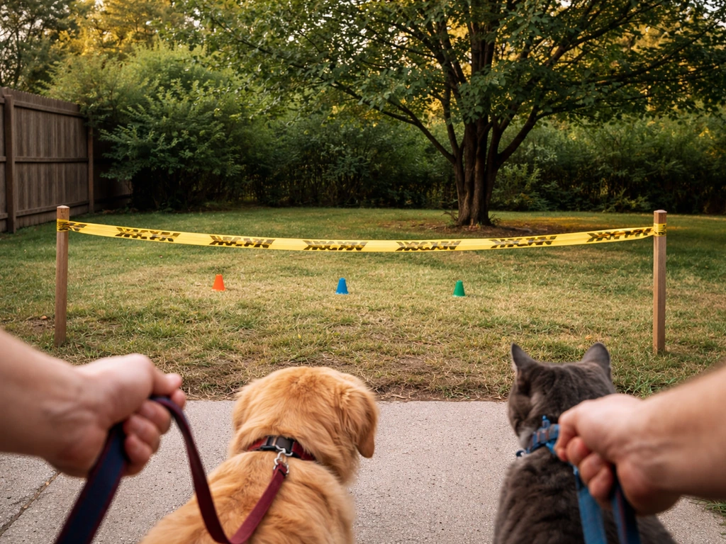 Family area blocked off with leashes and marked distance to safely watch a tree with birds nearby.