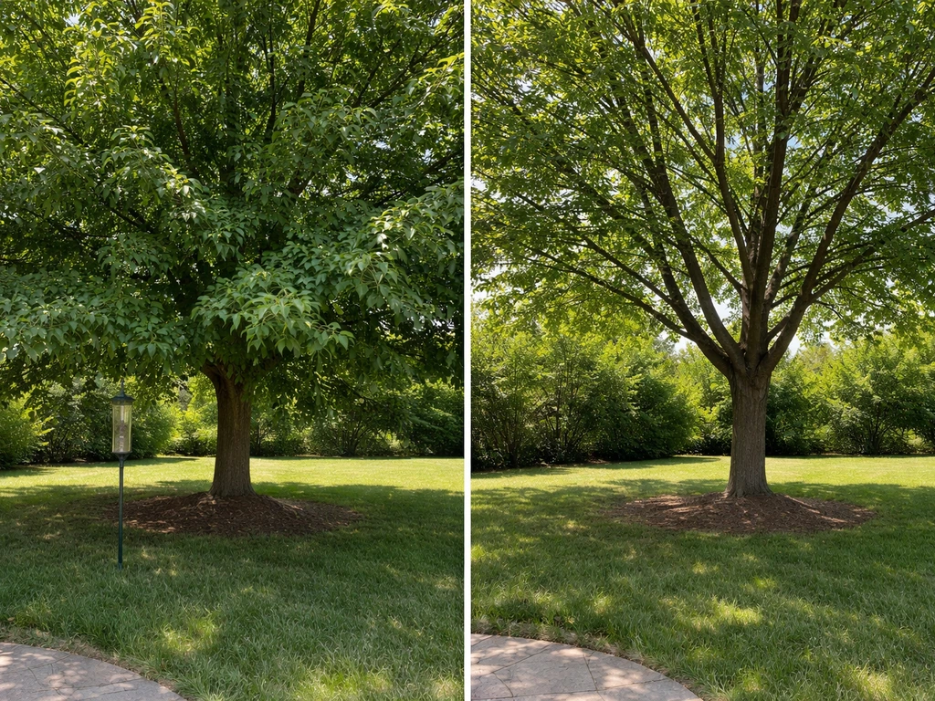 Split before/after yard scene showing a nearby bird feeder removed and low branches cleared around one tree.
