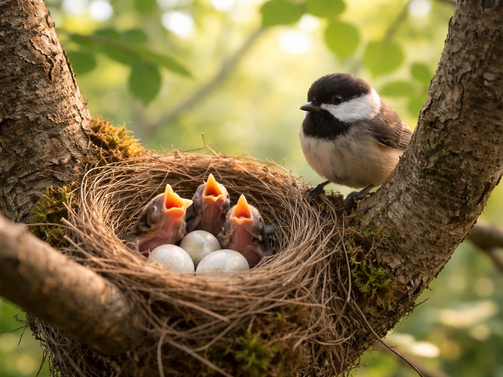 A bird perched by an active nest with eggs and small nestlings in natural morning light