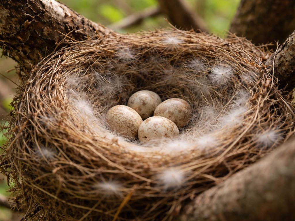 Close-up of a bird nest with soft lining and insulating fibers surrounding a few eggs