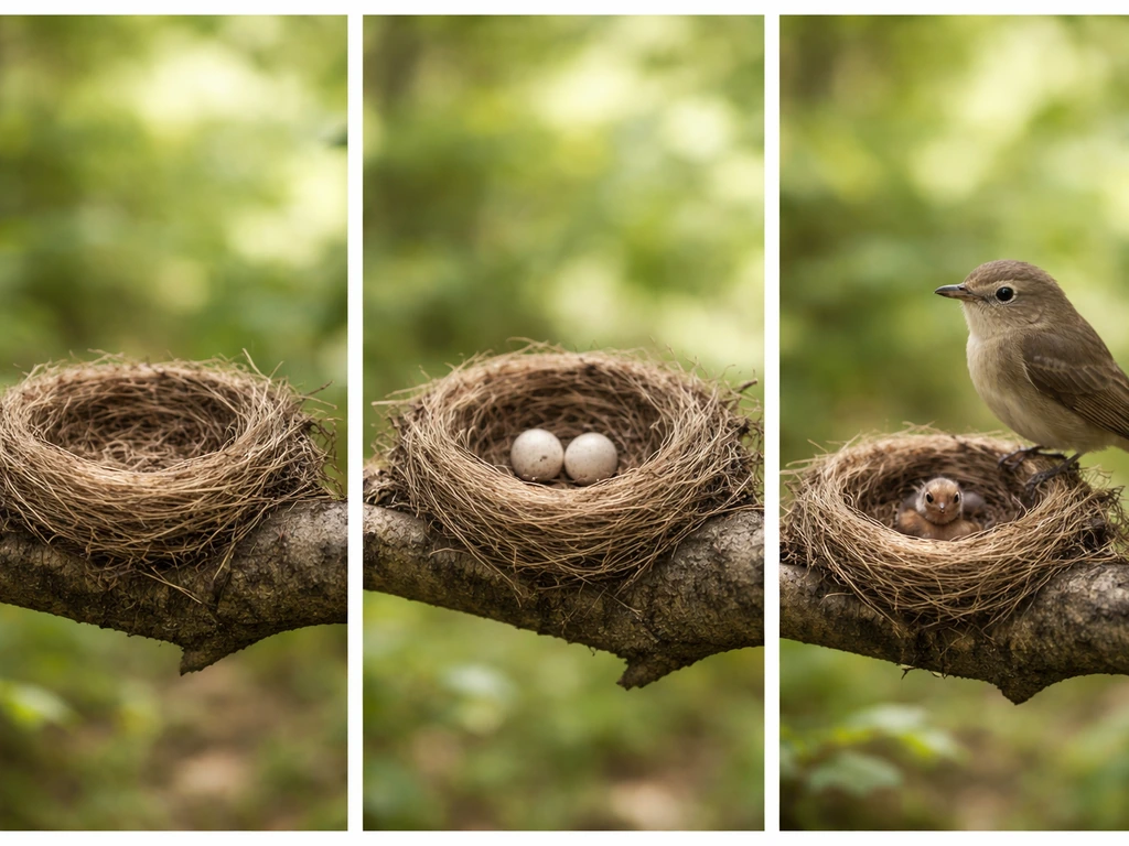 Small bird nest on a branch with eggs and a parent bird perched nearby in natural light