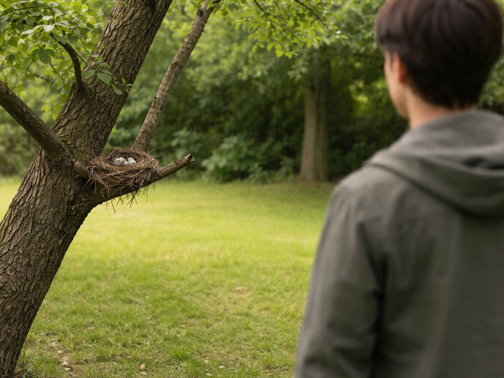 Person in yard observing a bird nest from a safe distance on a low tree branch