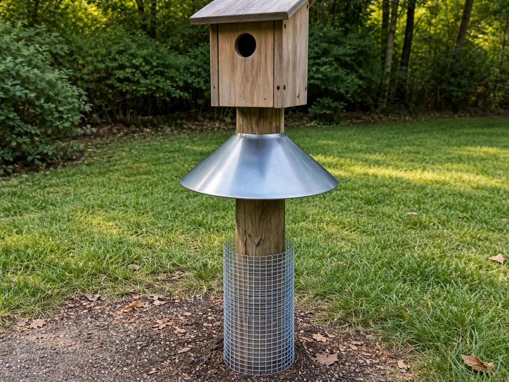 Nest box on a post with a metal baffle and mesh barrier to deter climbing predators.