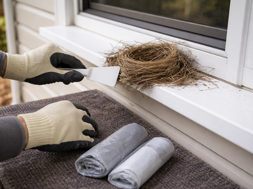 Gloved hands removing an empty dried bird nest from a window ledge with tools laid out