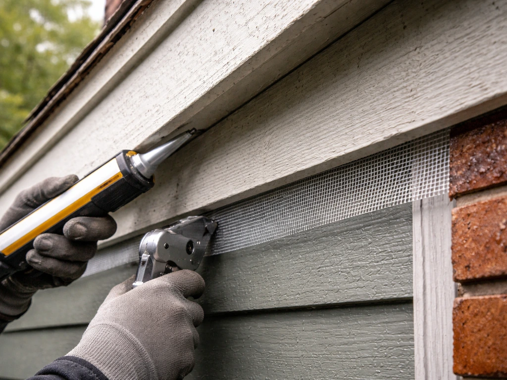 Worker installing protective mesh under an eave, sealing gaps to prevent repeat nesting.