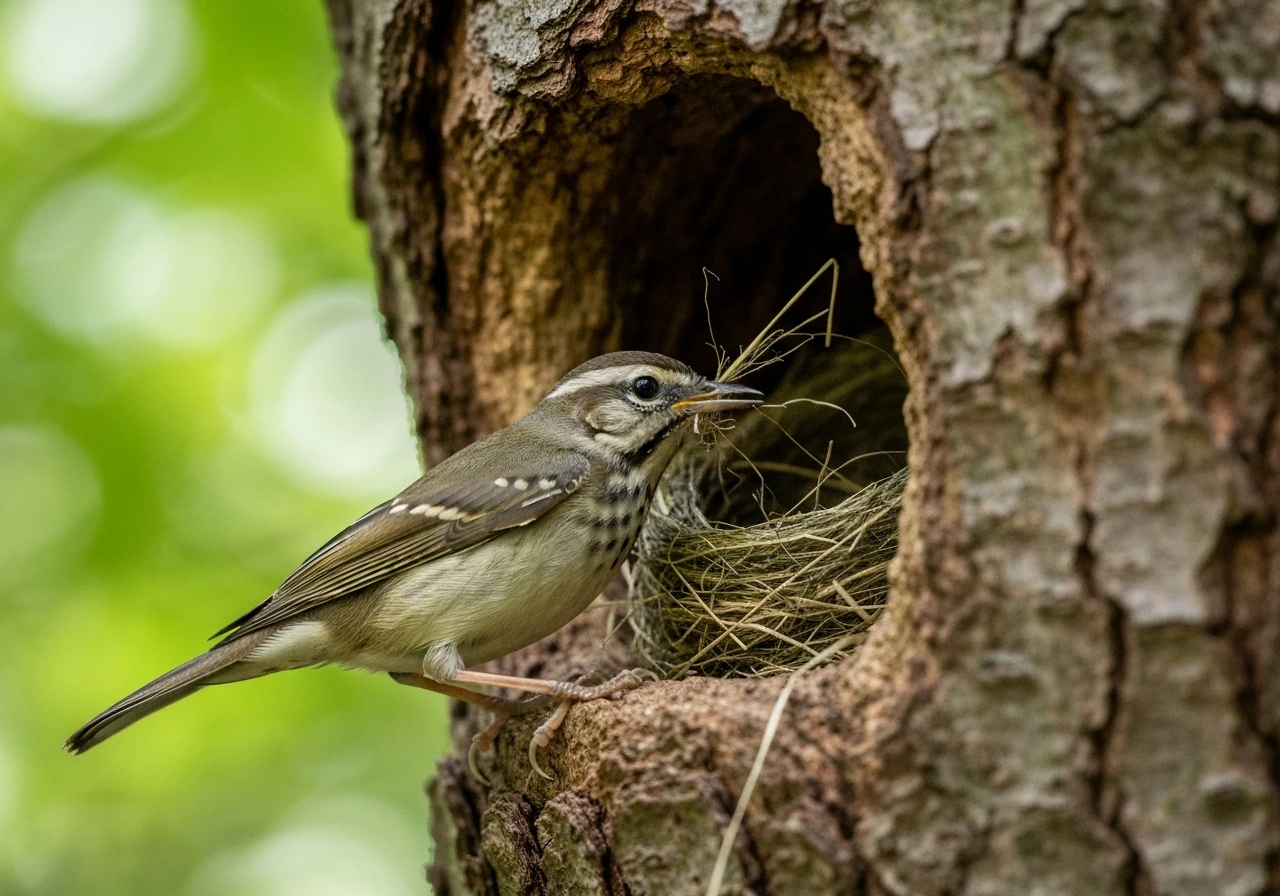 Small bird actively arranging twigs and grass to start building a nest in a natural tree hollow.