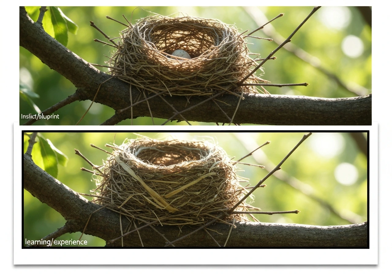 Close-up of a twig-and-grass nest shown in two stacked frames: consistent top, variable bottom materials.
