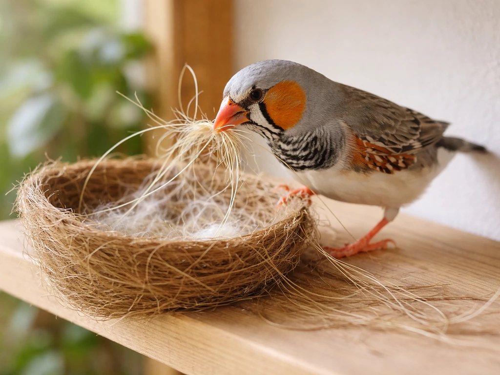 A zebra finch actively adds nesting fibers to an open nest in a quiet indoor aviary.
