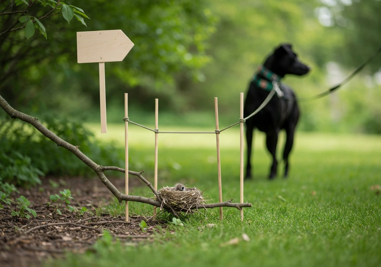 Active bird nest protected by a simple rope barrier and a marker, with pets kept at a distance.
