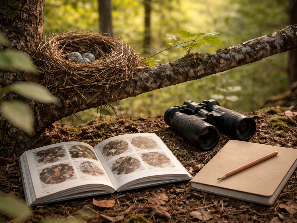 Open bird-nest identification guide beside binoculars and notebook next to a visible nest on a branch