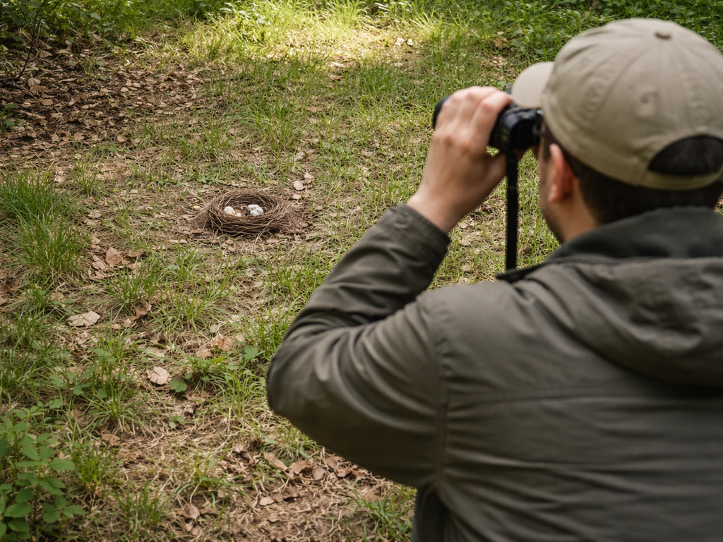 Photographer stands far from a ground nest, using binoculars to observe from a safe distance.