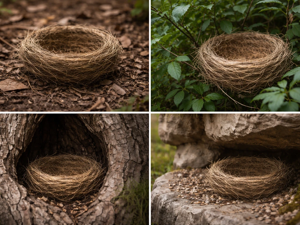 Four different bird nest placements on ground, in a shrub, inside a tree cavity, and on a cliff ledge.