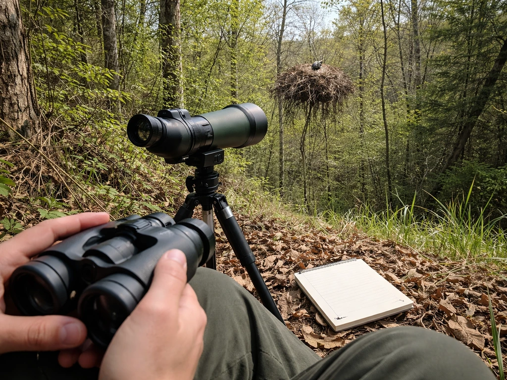 Binoculars and spotting scope aimed at a distant bird nest, with a blank checklist on the ground nearby.