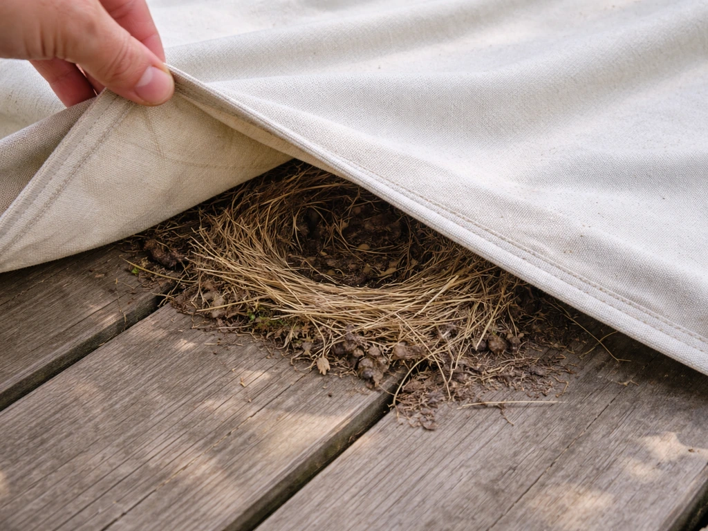 Top-down view of patio fabric corner lifted to reveal a bird nest underneath.