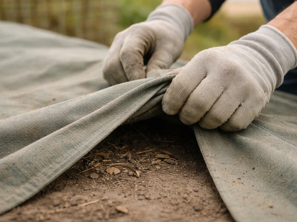 Close-up of a gloved hand lifting fabric edge to check for nesting safely from the side.